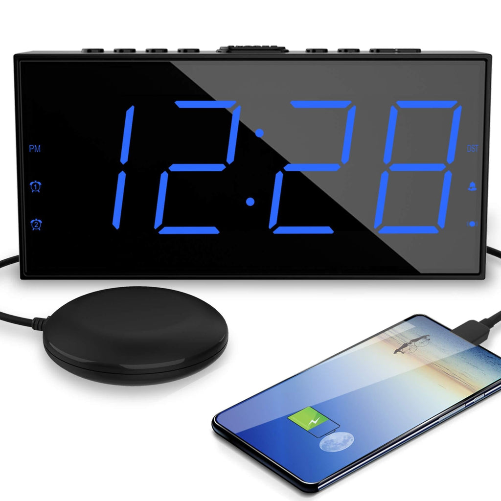 Loud Alarm Clock Vibrating with Bed Shaker for Heavy Sleepers Deaf and Hard of Hearing， Dual Alarm Clock with USB Charger, 7.5'' Large Display, Dimmer, Snooze & Battery Backup Blue - LeoForward Australia