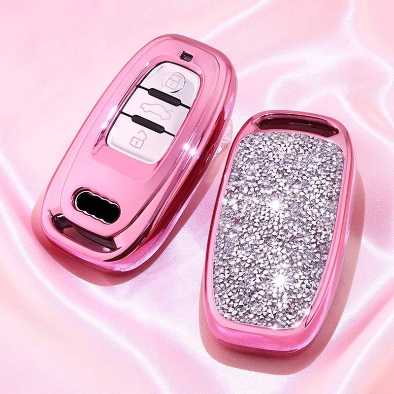 Royalfox(TM) 3 Buttons 3D Bling Girly Smart keyless Remote Key Fob case Cover for Audi Like 2th Image, only for Push Button to Start Remote Key (Pink) pink - LeoForward Australia