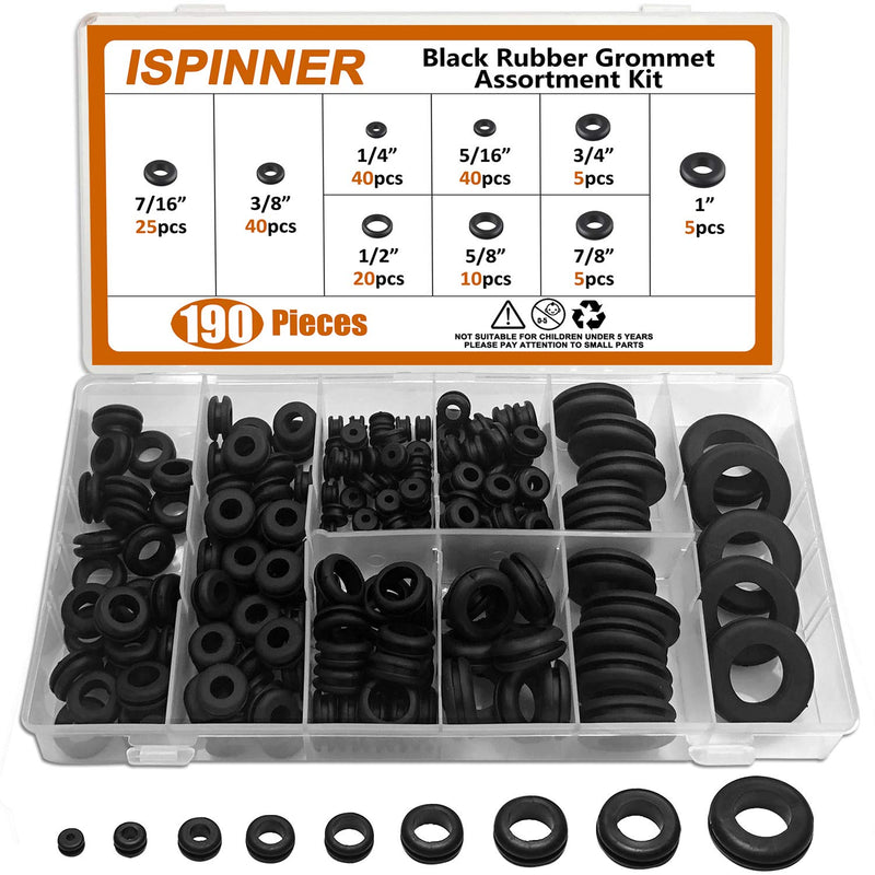  [AUSTRALIA] - ISPINNER 190pcs Rubber Grommet Assortment Kit, 9 Sizes Eyelet Ring Gasket 1/4" 5/16" 3/8" 7/16" 1/2" 5/8" 3/4" 7/8" 1" (Black) Black
