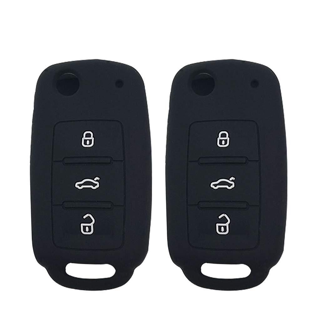 LemSa 2Pcs 3 Buttons Silicone Flip Key Fob Cover Case Protector Holder for VW Volkswagen Jetta GTI Passat Golf Tiguan Touareg Beetle, Black 2pcs Black - LeoForward Australia