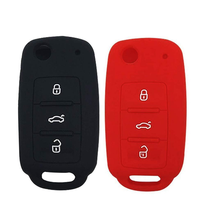 LemSa 2Pcs Rubber Silicone Flip Key Fob Cover Remote Keyless Protector Bag Holder for VW Volkswagen Jetta GTI Passat Golf Tiguan Touareg Beetle, Black+Red Black Red - LeoForward Australia