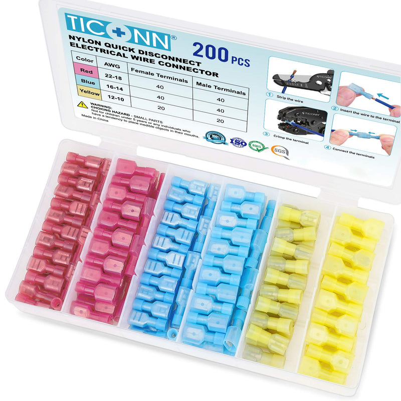  [AUSTRALIA] - TICONN 200 Pcs Nylon Spade Quick Disconnect Connectors Kit, Electrical Insulated Terminals, Male and Female Spade Wire Crimp Terminal Assortment Kit