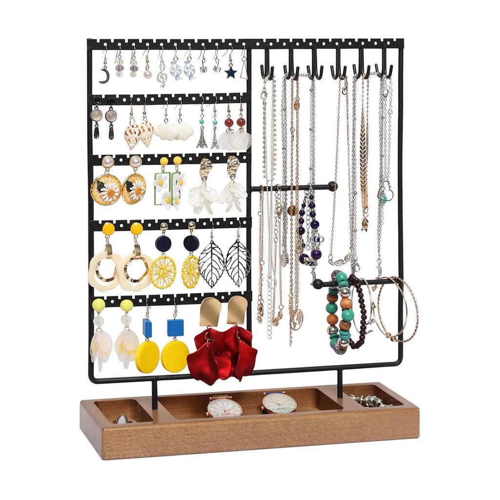  [AUSTRALIA] - X-cosrack Earring Holder,5-Tier Ear Stud Holder with Wooden Tray,Jewelry Organizer Holder for Earrings Necklaces Bracelets Watches and Rings,Earring Display Stand with 132 Holes,Black