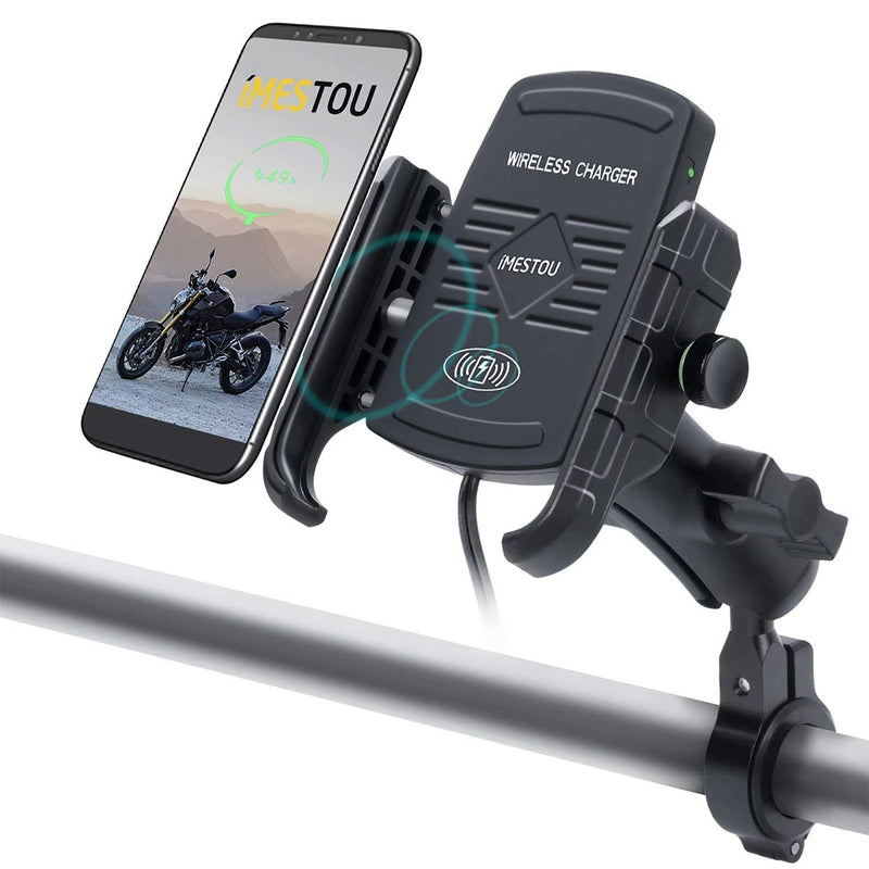  [AUSTRALIA] - iMESTOU Motorcycle Wireless Phone Mount 15W Qi Charger 1" Ball Stem Socket Handlebar Cell Phone Holder 360 Rotation Waterproof with Switch for iPhone Samsung Sony max. 90mm(W) 11mm(THK) Smartphones