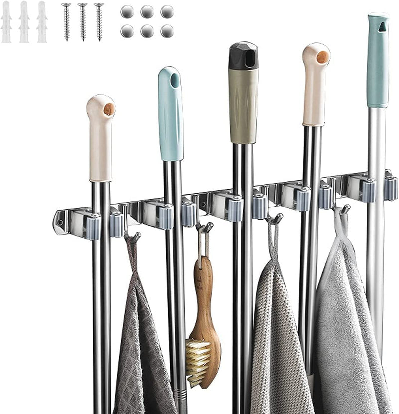  [AUSTRALIA] - Effektivtools Mop and Broom Holder Wall Mount – Self-Adhesive Stainless Steel broom hanger organizer – 4 Clamps, 3 Hooks, 5 Towel Hanging Clips Mounting Screws – Holds Up to 40 Lbs