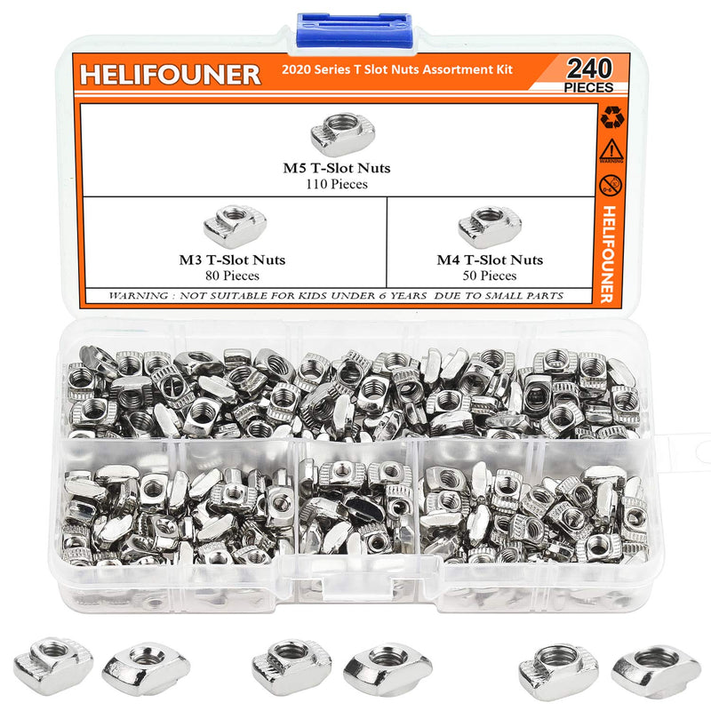  [AUSTRALIA] - HELIFOUNER 240 Pieces 2020 Series T Nuts, M3 M4 M5 T Slot Nut Assortment Kit M3 M4 M5 (240 PCS)
