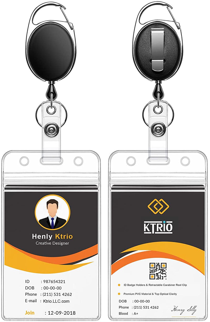  [AUSTRALIA] - KTRIO 2 Pack Retractable Badge Holder, ID Badge Holders with Heavy Duty Carabiner Reel Clip, Vertical Style Clear ID Card Holders with 28 inches Kevlar Pull Cord