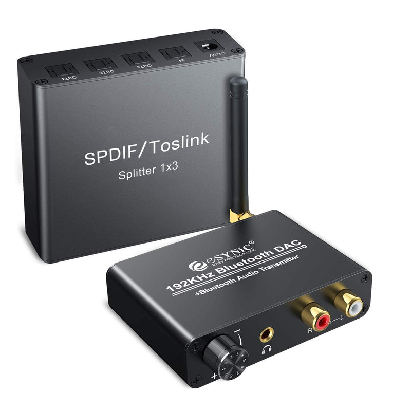  [AUSTRALIA] - eSynic 1X3 Optical Audio Splitter Bundle with 192Khz Digital to Analog Converter with Bluetooth V5.0 Transm