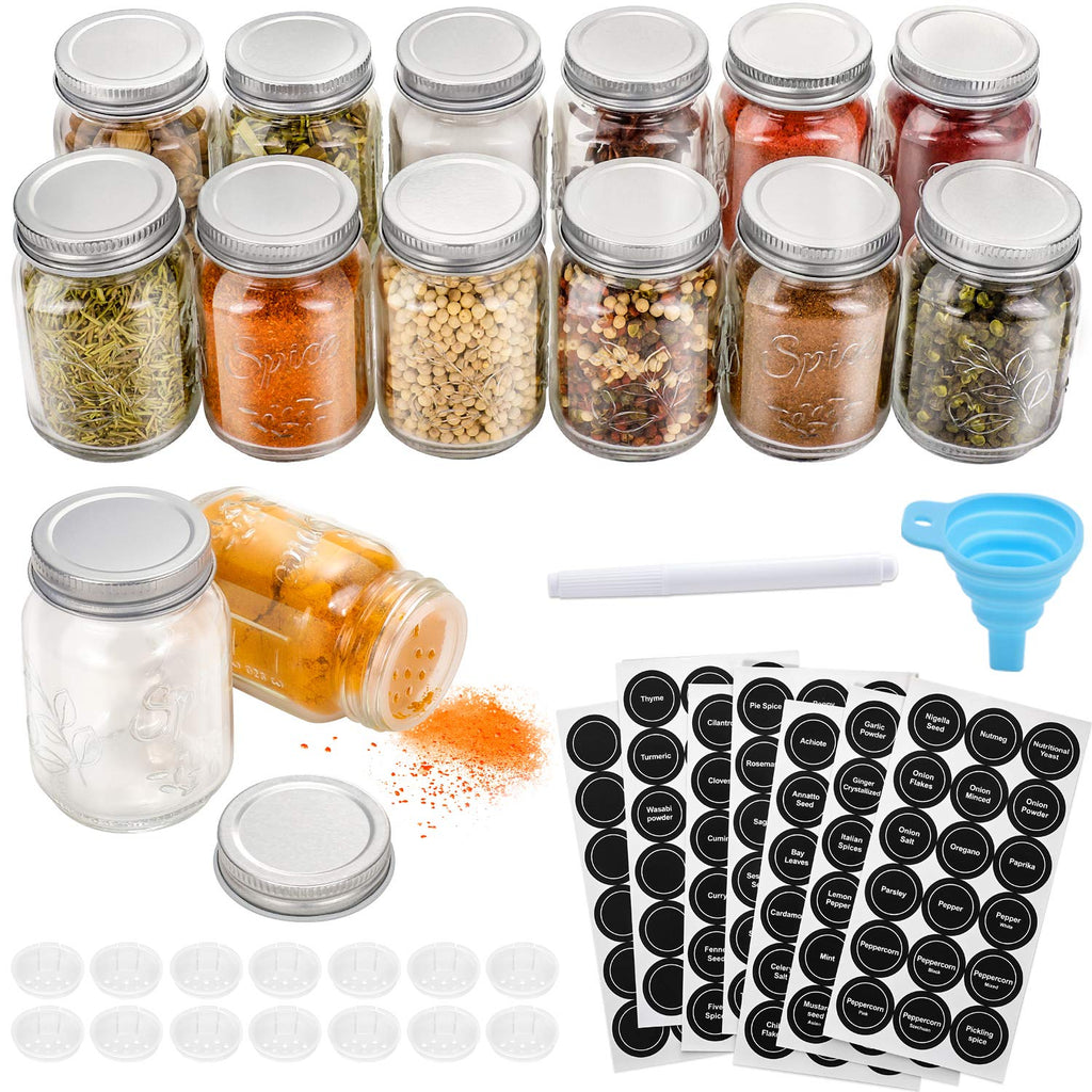  [AUSTRALIA] - 14 Pcs Glass Mason Spice Jars with Spice Labels - 4oz Empty Spice Bottles - Shaker Lids and Airtight Metal Caps - Chalk Marker and Collapsible Funnel Included- For Herbs & Spices, Jelly, DIY & Crafts 14