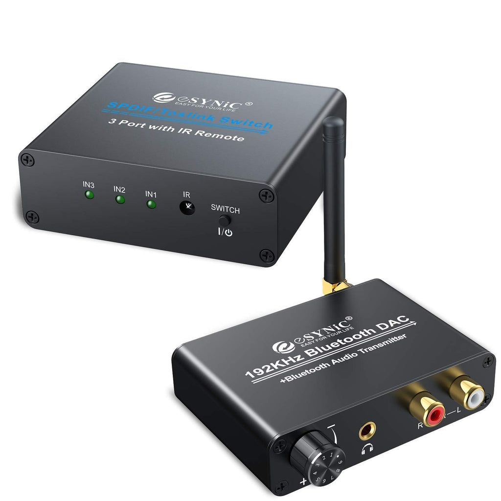  [AUSTRALIA] - eSynic 3 Port Toslink Switch Bundle with 192Khz Digital to Analog Converter with Bluetooth V5.0 Transmitter