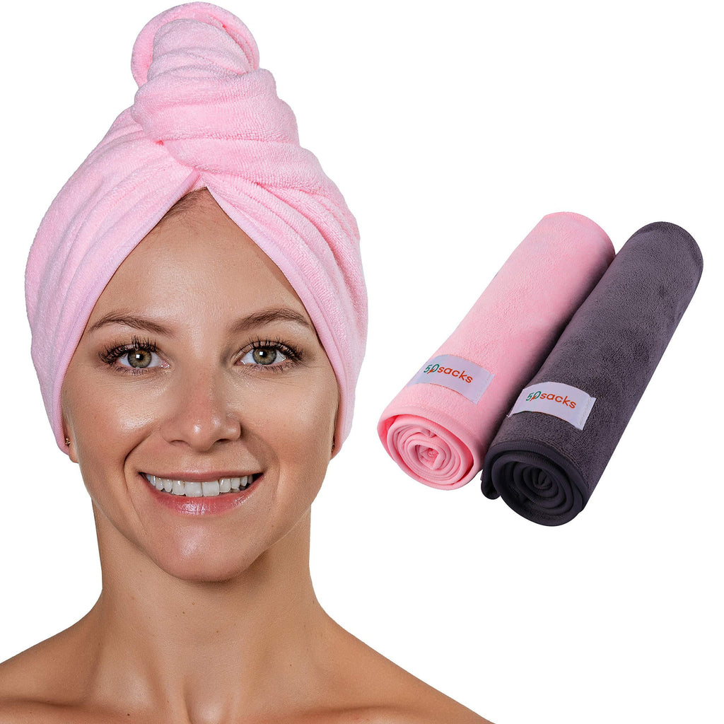  [AUSTRALIA] - Hair Towel wrap for Curly-Hair and Thick Long Wavy Hair, Set of 2 Microfiber Quick Dry Hair Wraps for Women and Men 1 Gray+1 Pink