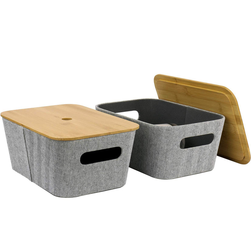  [AUSTRALIA] - LA JOLIE MUSE Mid-Century Modern Light Gray Tweed Fabric Storage Basket Set of 2 for Cube Shelf Closet Bookcase Drawer Cabinet, Multipurpose Organizer Bin with Bamboo Lid Grey