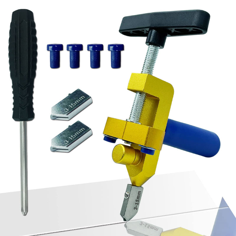  [AUSTRALIA] - Glass Cutter Hand Tool, Manual Tile Cutter, 2 in 1 Glass Cutting Tool with Glass Breaking Pliers, DIY Tool Kit, 3 Tungsten Steel Blades, 4 Tips, 1 Screwdriver, Golden 2 in 1 tile&glass cutter golden