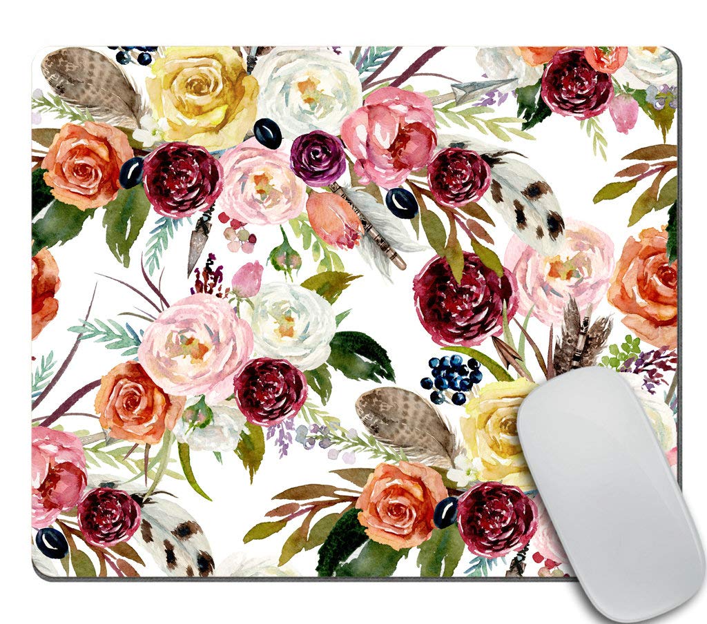  [AUSTRALIA] - Amcove Watercolor Ethnic Boho Floral Mouse Pad Pink Mousepad Floral School Supplies Desk Decor Office Desk Accessories Cubicle Decor Vivid Flowers Rectangle Mousepad Burgundy Pink