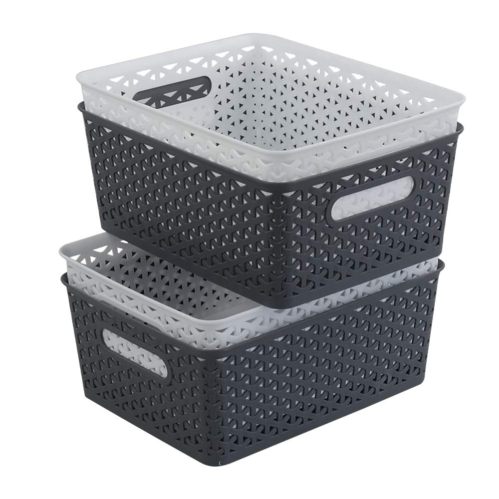  [AUSTRALIA] - Ponpong 8 Litre Plastic Woven Storage Basket, White and Deep Grey, 4 Packs White Deep Grey