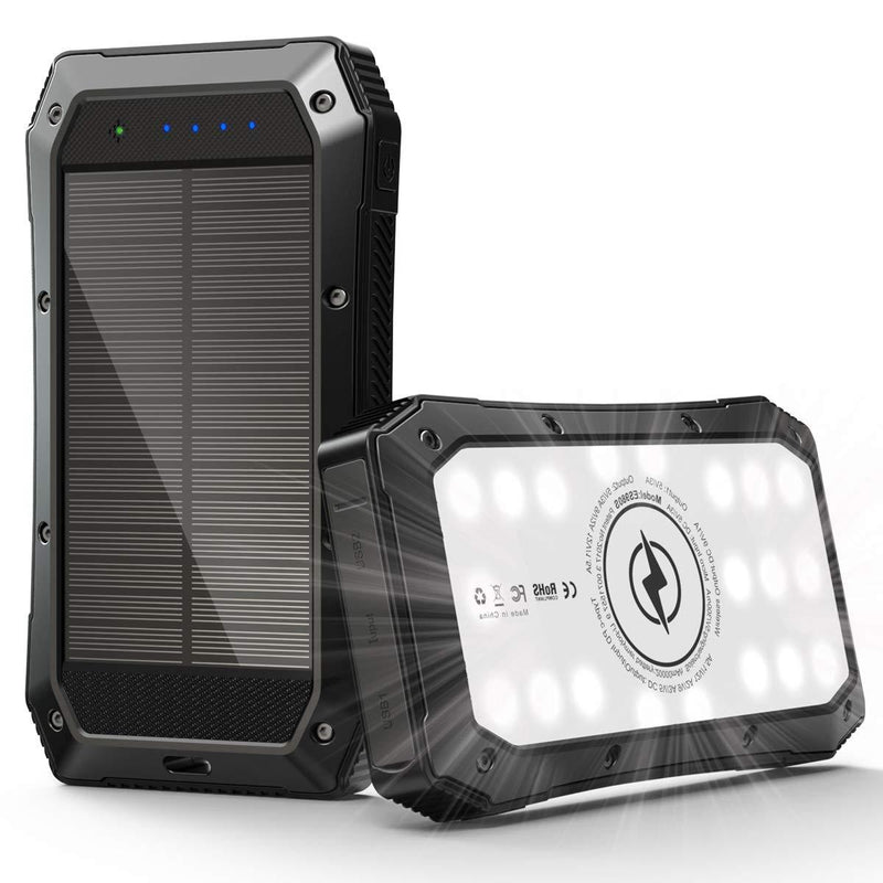 Solar Power Bank 20,000maAh, UTENG QC3.0 Fast Charge with Type C 18W, Qi Wireless Charge 10W, Warning Light Waterproof External Battery Backup for Outdoor (Black) - LeoForward Australia