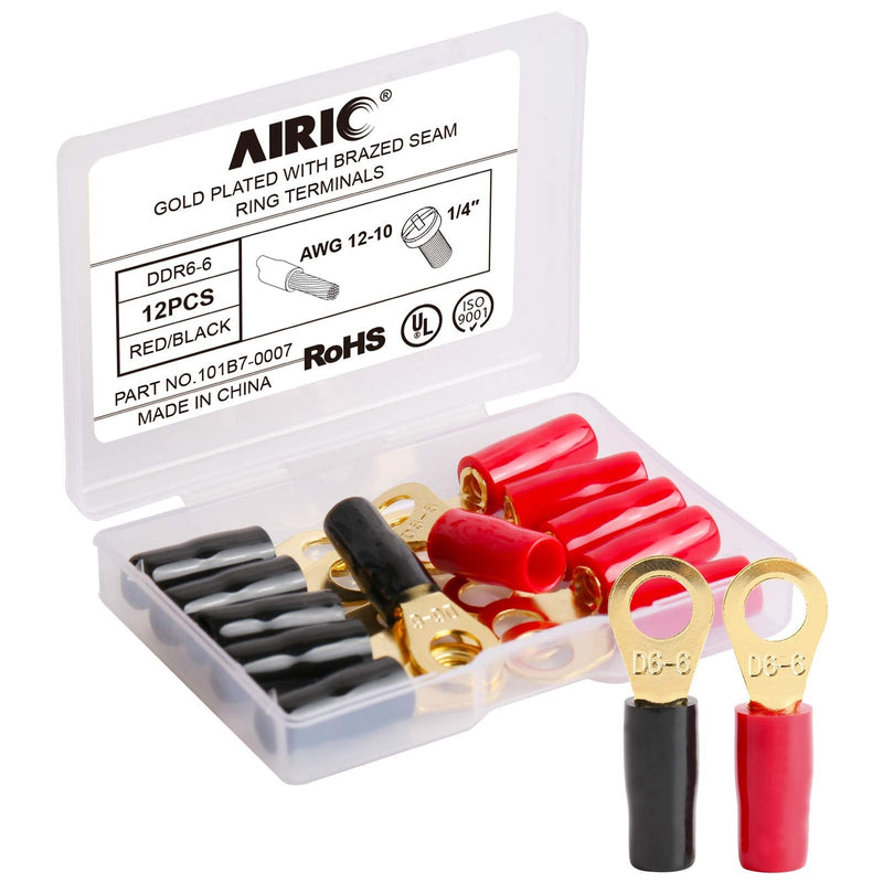  [AUSTRALIA] - AIRIC 12-10 AWG Ring Terminal 1/4 inch Gold Plated Crimp Ring Terminals with Soft Boots Gold Wire Connectors Kit 12-Pack Stud (M6) 12-10AWG/ 1/4"