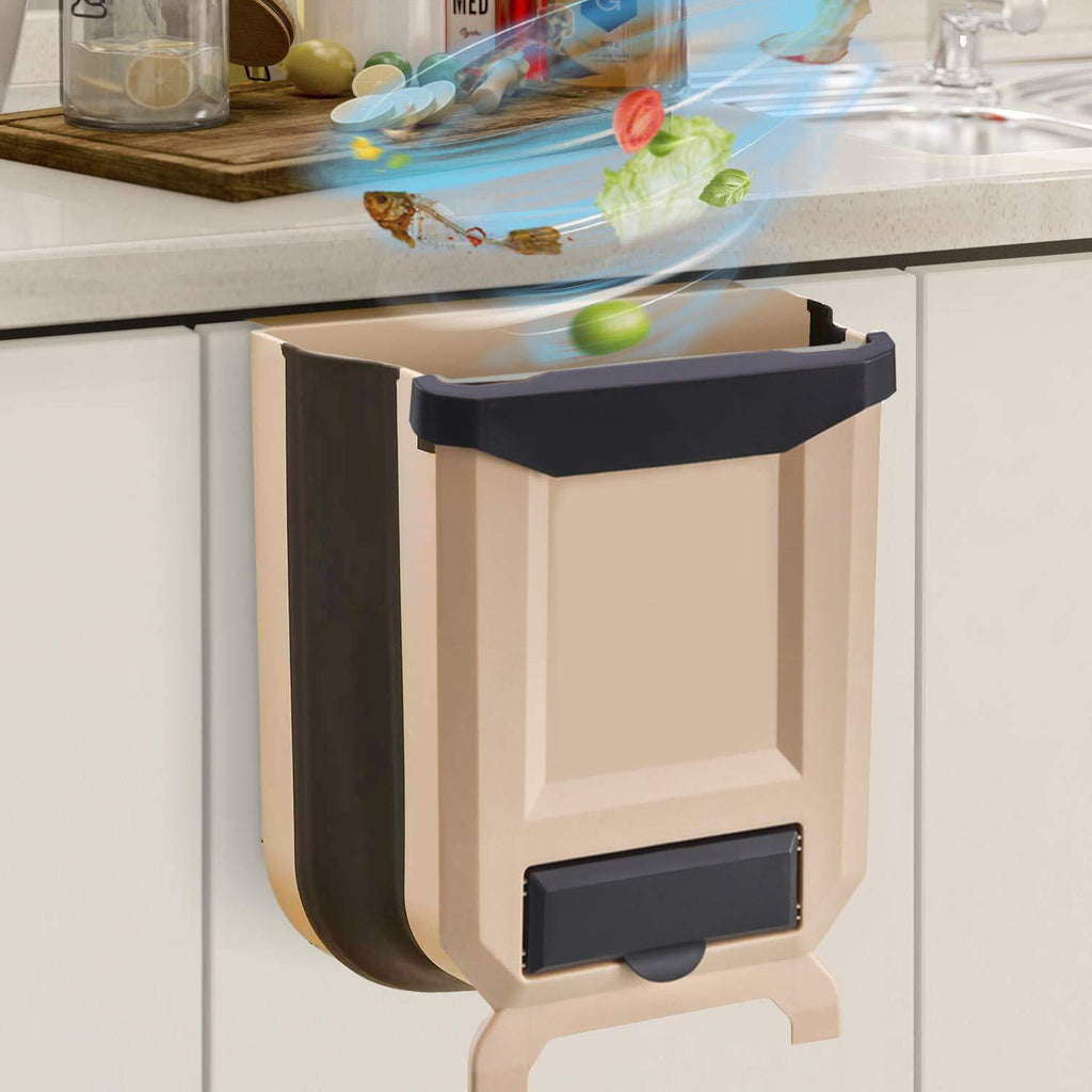  [AUSTRALIA] - Hanging Trash Can Folding Kitchen Trash Bin Collapsible Small Cabinet Waste Bin for Cabinet Door, Car, Bathroom, Office, Bedroom Brown