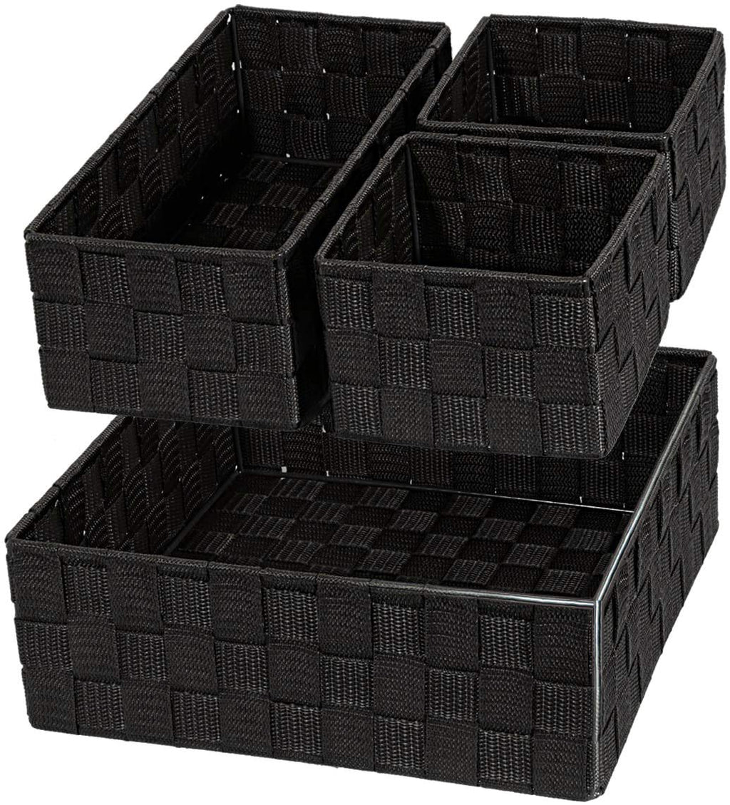  [AUSTRALIA] - VK Living Woven Storage Box Basket Bin Container, Woven Strap Basket, Nylon Woven Box Basket, Underwear Bra Storage Organizer Divider for Drawer, Dresser, Closet, Black, Set of 4 Black box for drawer
