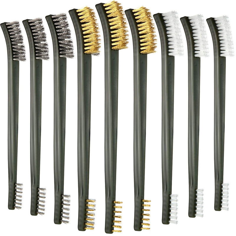  [AUSTRALIA] - 9 Pieces Mini Wire Brush Set Scratch Wire Bristles Brush Set Rust Paint Metal Cleaner Steel Nylon Brass Brush for Detailing Cleaning Welding Slag and Rust Black, White, Gold