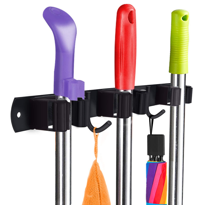  [AUSTRALIA] - Huryfox Broom and Mop Holder Wall Mounted Adjustable Garage Organizer with Utility Hooks Garden Tool Hanger Heavy-Duty Stainless-Steel Racks Cleaning Supplies for Kitchen/Laundry/Pantry/Bathroom Black