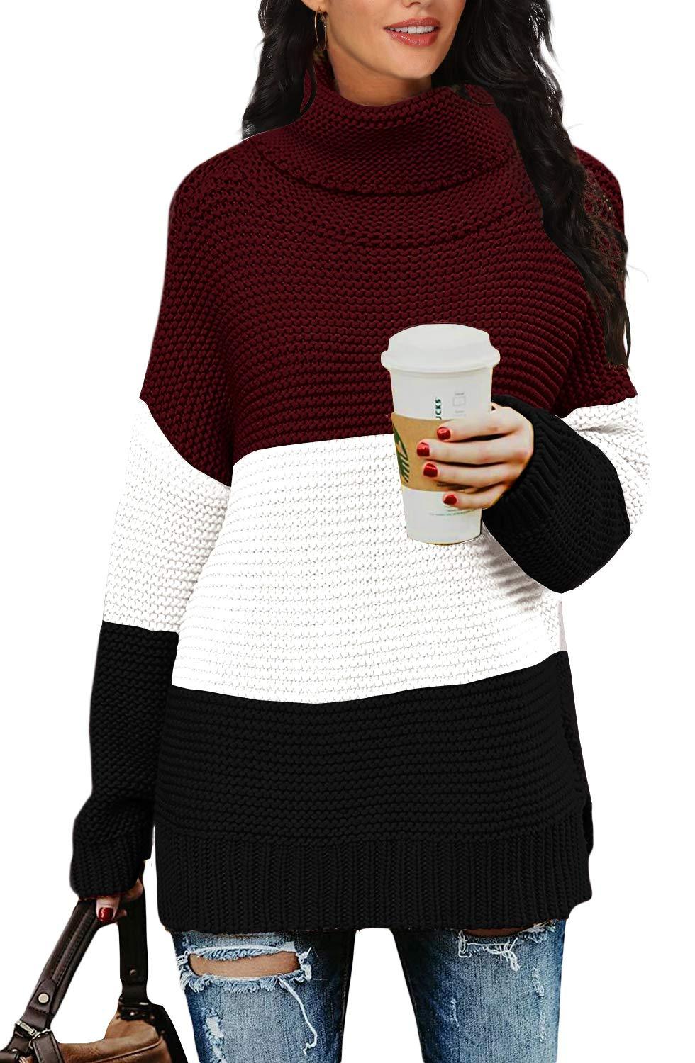 PrinStory Womens Casual Long Sleeve Turtleneck Chunky Knit Pullover Sweater Tops with Side Slit Small A0 Pj Wine Red - LeoForward Australia