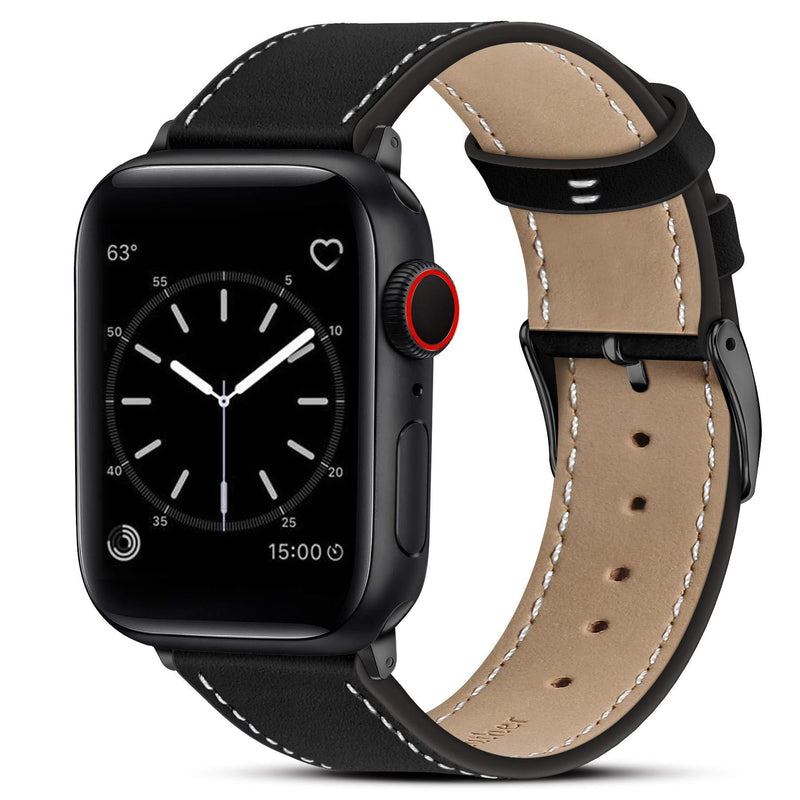 Marge Plus Compatible with Apple Watch Band 38mm 40mm, Genuine Leather Replacement Band Compatible with Apple Watch SE Series 6 5 4 (40mm) Series 3 2 1 (38mm), Black Band/Black Adapter Black/Black 38mm / 40mm - LeoForward Australia