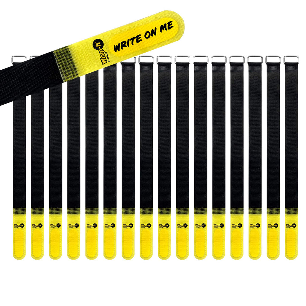  [AUSTRALIA] - Wrap-It Storage Hook and Loop Cinch-Straps 12" 16 Pack (Yellow/Black) with Write on Label for Easy Cord Identification and Cable Management, Reusable Multi-Purpose Securing Cinch Straps 12" (16 Pack) Yellow/Black