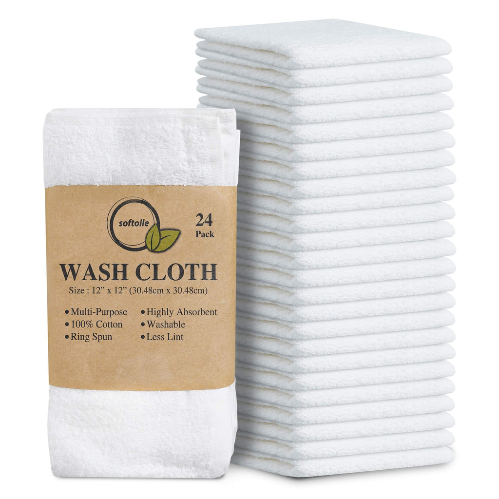  [AUSTRALIA] - Softolle 100% Cotton Ring Spun Wash Cloths – Bulk Pack of 24 Pieces Washcloths – 12x12 Inches – Wash Cloth for Face, Highly Absorbent, Soft and Face Towels White