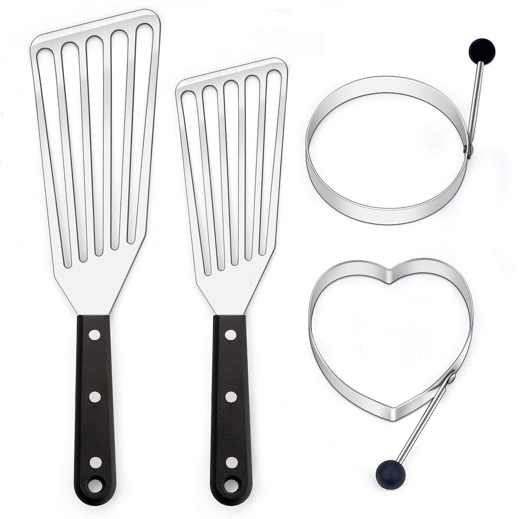  [AUSTRALIA] - Homikit 4-Piece Fish Spatulas Turners Set with Egg Rings, Stainless Steel Slotted Turner Spatula for Kitchen Cooking Frying Grilling, 2 Sizes, Dishwasher Safe ABS Plastic Handle