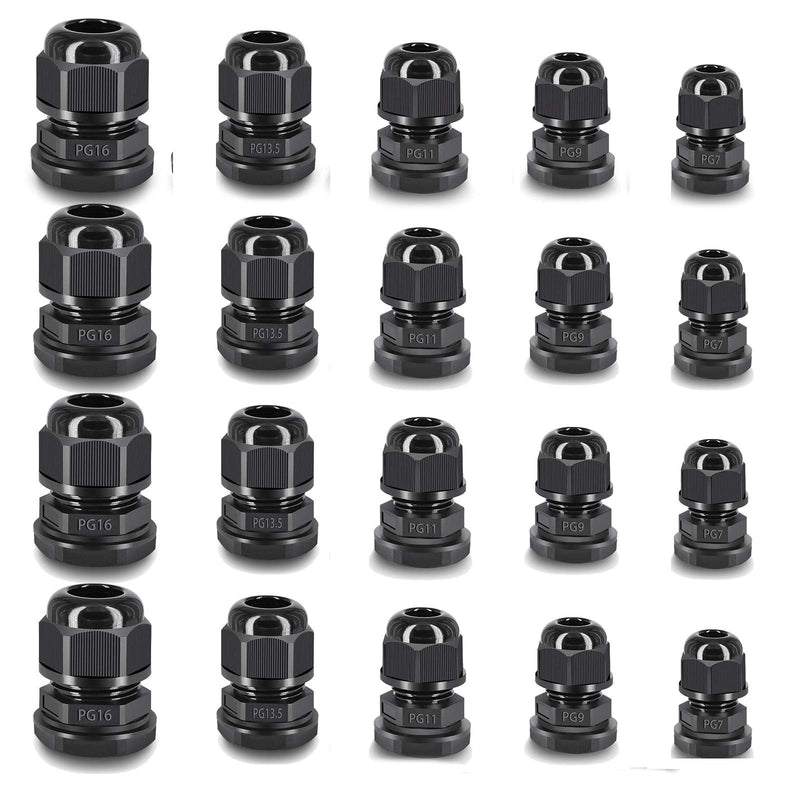  [AUSTRALIA] - NineLeaf 5 Different Sizes Cable Gland, 4 Connectors of Each Size IP68 Waterproof Adjustable Cable Connectors Adjustable 3-13mm Cable Glands Joints with Gaskets -PG7, PG9, PG11, PG13.5, PG16