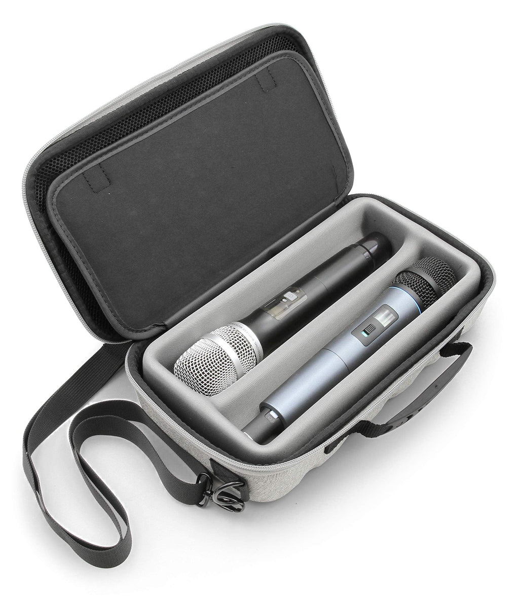  [AUSTRALIA] - CASEMATIX Dual Wireless Microphone Case for Wireless Mic System Compatible with Sennhesier, Shure Microphones and More, Dual Mic Bag with Shoulder Strap and Hard Shell Gray Exterior