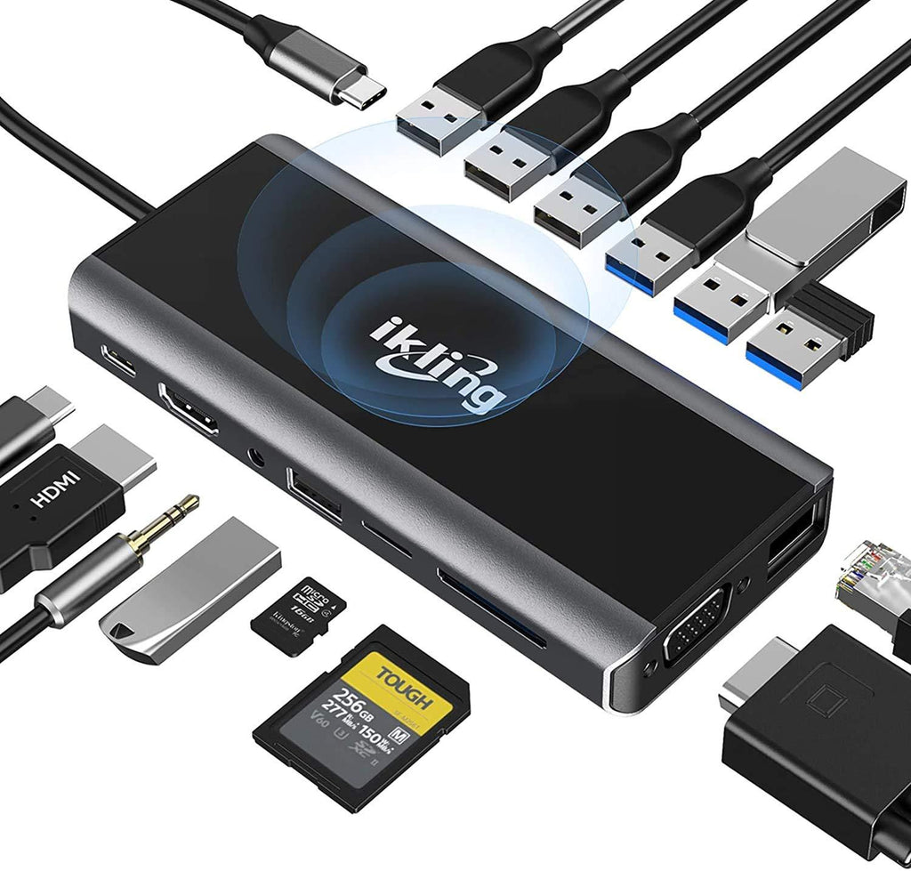  [AUSTRALIA] - USB C Hub, 15-in-1 USB C Docking Station to HDMI, VGA, Wireless Charger, Gigabit Ethernet, 3 USB 3.0, SD/TF Card Reader, USB C to 3.5mm, USB C Dock for MacBook Pro and Type C Device (Thunderbolt 3)