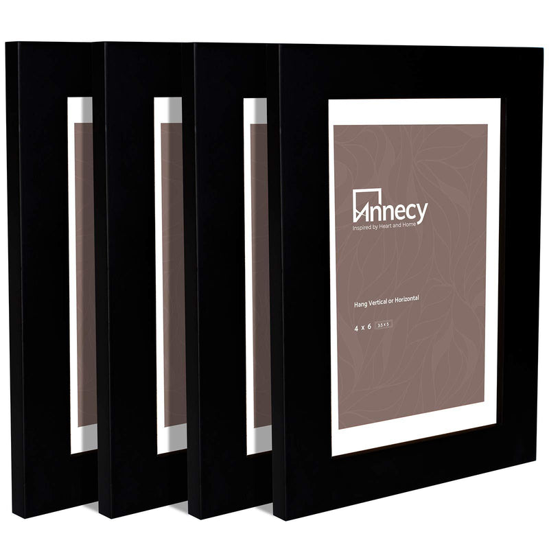  [AUSTRALIA] - Annecy 4x6 Picture Frame (4 Pack, Black) - Made of Solid Wood 4x6 Photo Frames with Real Glass for 3.5x5 with Mat - Wall Mount & Table Top Display