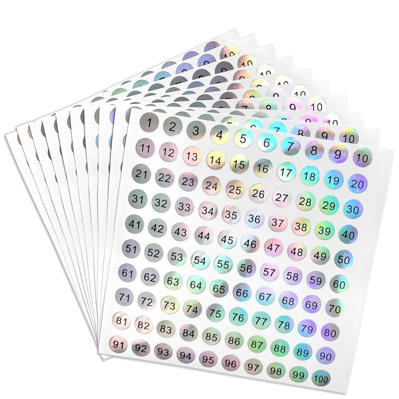 dealzEpic - Reflective Laser Number Stickers - 1 to 100 Round Self Adhesive Stickers | Inventory/Storage Organizing Stickers - Set of 10 Sheets Reflective Laser Number 1-100 - LeoForward Australia