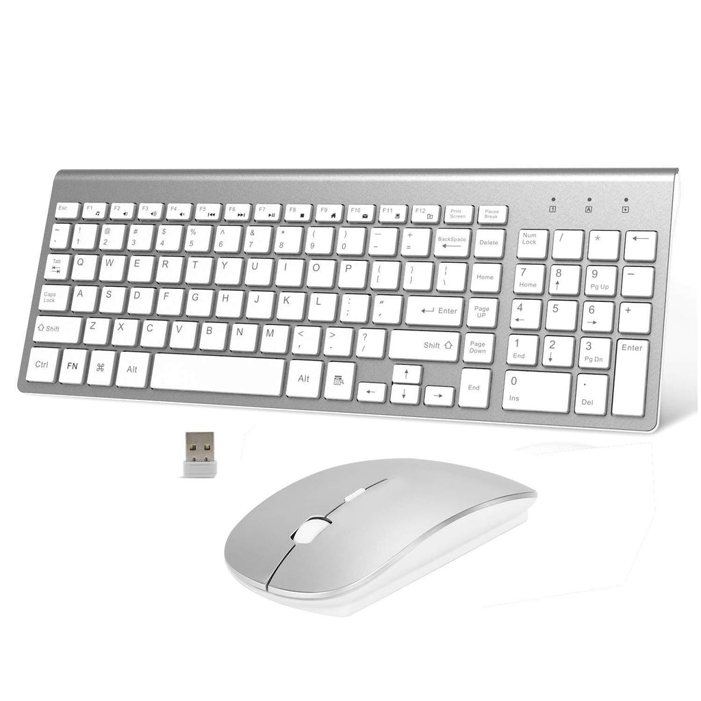 Wreless Keyboard and Mouse, Full-Size Slim Compact Ergonomic 2.4Ghz USB Wireless Keyboard Mouse for PC Computer Laptops Windows - Silver White - LeoForward Australia