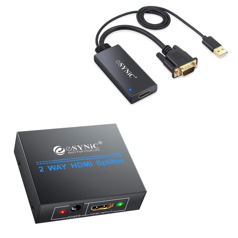  [AUSTRALIA] - eSynic 1080P HDMI Splitter 1x2 & 1080P VGA to HDMI Converter Gold Plated VGA to HDMI Out Audio HD Video Converter