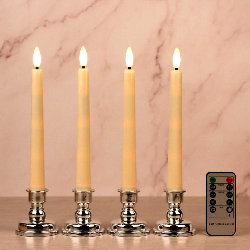  [AUSTRALIA] - OWLBAY 4 Pack 3D Wick Flameless Window Candles with Remote & Timer, 8”H Ivory Battery Operated LED Taper Candles, Warm White Flame Flickering Light, Ideal for Tabletop/Christmas/Wedding/Party Decor… Ivory Candles With Silver Holders 4pack