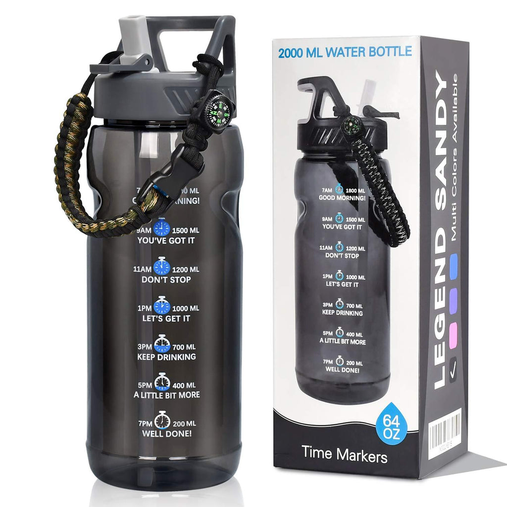  [AUSTRALIA] - Big Motivational Half Gallon Water Bottle with Straw, BPA Free Resuable 64 OZ Water Bottle with Straw & Time Marker, Paracord Bracelet on 1/2 Gallon Sports Water Jug for Camping Hiking Fitness black