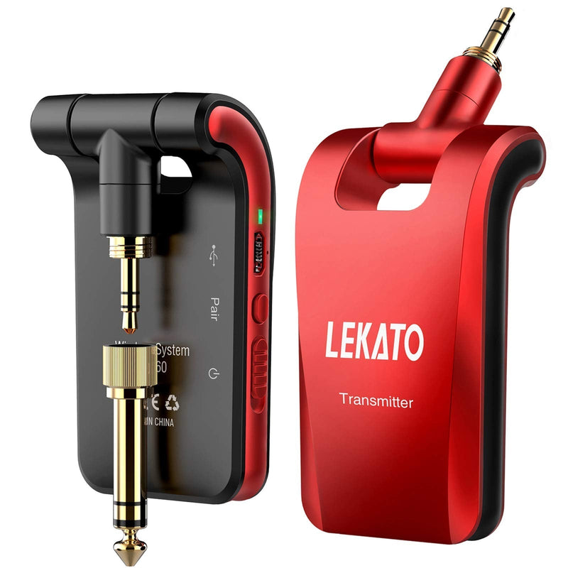  [AUSTRALIA] - LEKATO 2.4GHz Wireless Guitar System Built-in Rechargeable Lithium Battery Digital Transmitter Receiver for Electric Guitar Bass with 6 Channels, Stereo and Mono 1/4” & 1/8” 2 in 1 Plugs (Red & Black) red