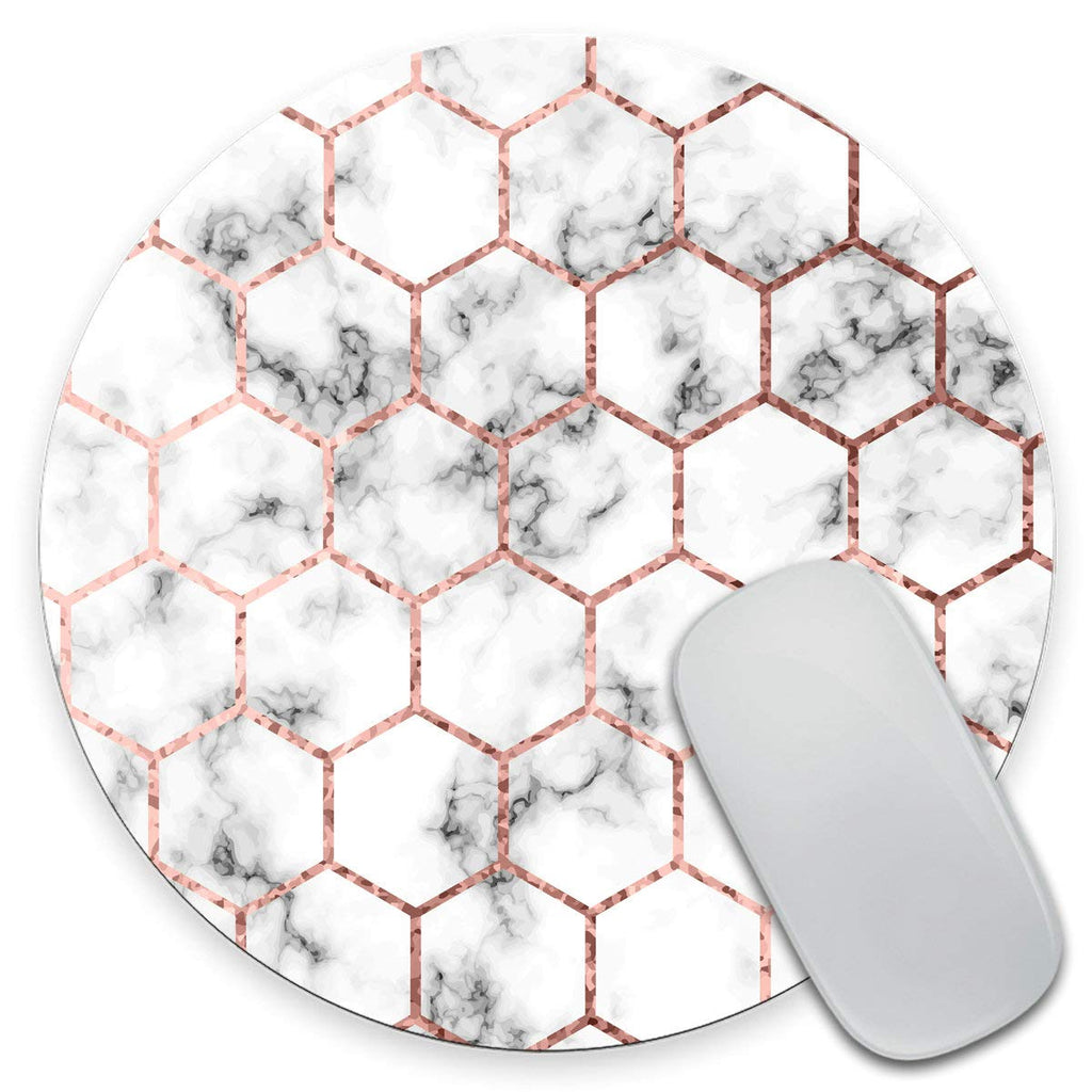  [AUSTRALIA] - Amcove Office Desk Accessories, Marble with Rose Gold Hexagons Pattern Mouse Pad, Round Mousepads, Office Decor for Women, Office Gifts, Desk Decor