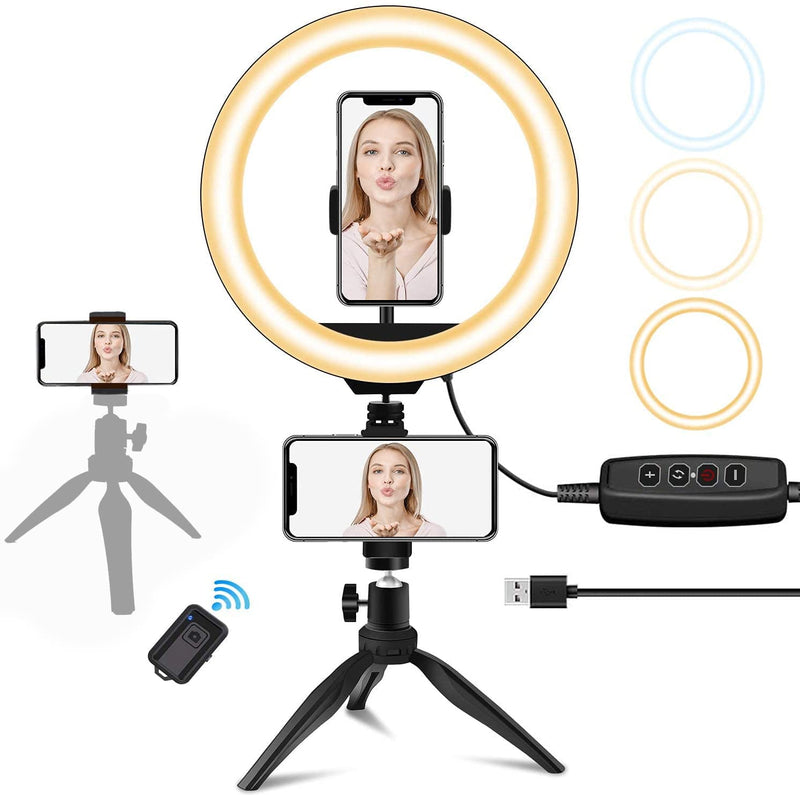  [AUSTRALIA] - Desk Ring Light with Stand and Phone Holder, SUMCOO 10" Dimmable Desktop Selfie Ring Light for Makeup/Live Stream/Online Conference, Compatible with iPhone & Android Phone 10 inches with 2 Phone holders