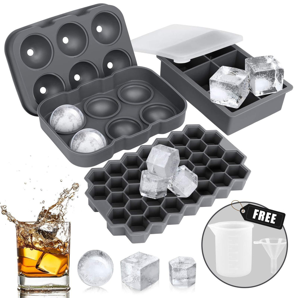  [AUSTRALIA] - Ice Cube Tray, AiBast Ice Trays for Freezer With Lid, 3 Pack Silicone Large Round Ice Cube Tray, Sphere Square Honeycomb Ice Trays for Whiskey With Covers&Funnel, Reusable Whiskey Ice Ball Mold Grey