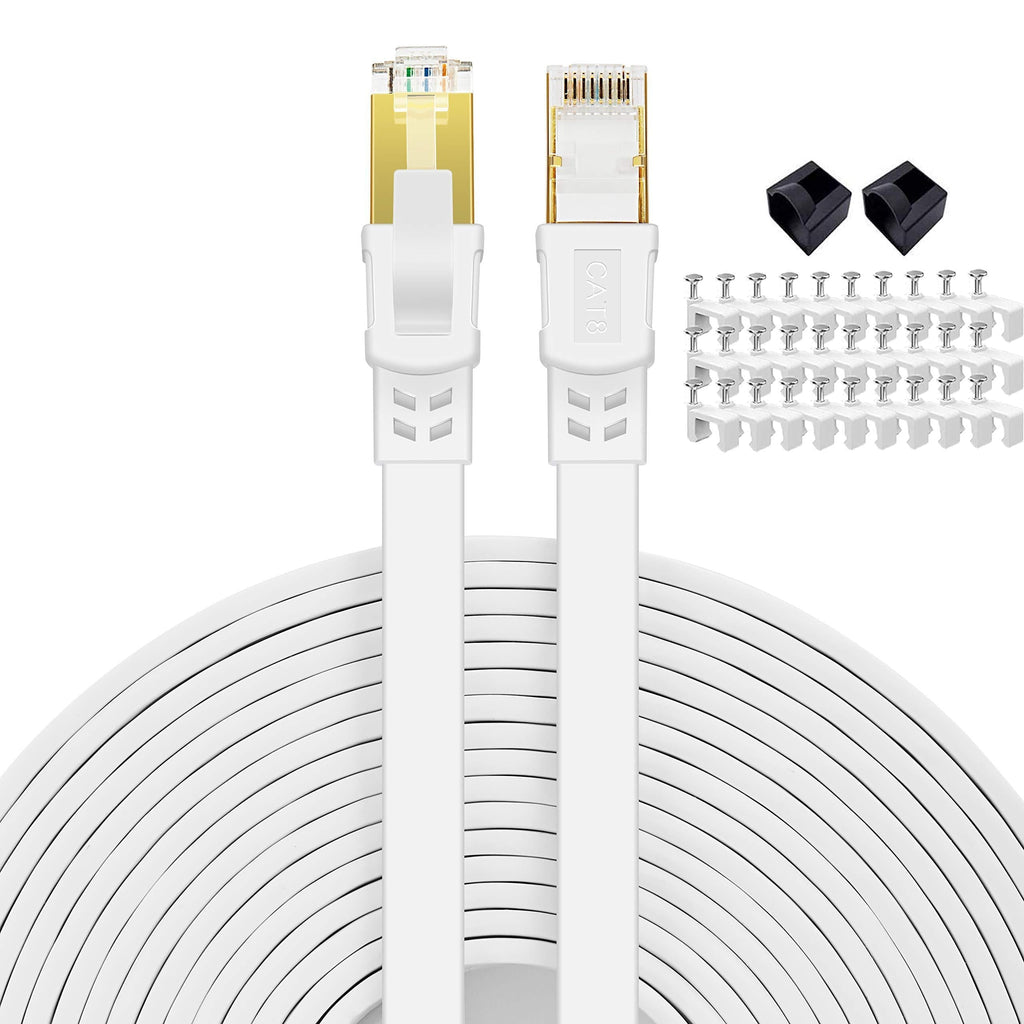  [AUSTRALIA] - Cat 8 Ethernet Cable 10 ft Flat Internet Network RJ45 Cable Shielded High Speed 2000Mhz 40Gbps LAN Patch Cables Cords for Outdoor, Gaming, Xbox, PS4, Router - Compatible for Cat7/Cat6a/Cat5e - White Cat8 10FT