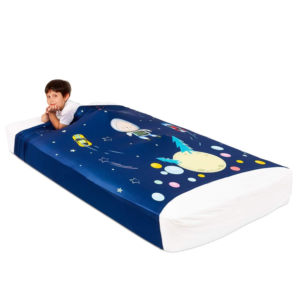  [AUSTRALIA] - FRIENDLY CUDDLE Sensory Compression Sheet for Kids, Twin Size Stretchy Bed Sheet with Breathable Fabric, A Smart Weighted Blanket Alternative, Mattress Fitted Bedding, Little Astronaut Design