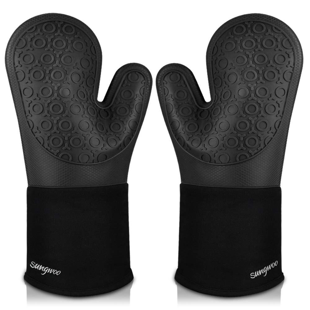  [AUSTRALIA] - Sungwoo Silicone Oven Mitts, Heat Resistant Oven Gloves with Quilted Liner Non-Slip Textured Grip Perfect for BBQ, Baking and Grilling - 13.8 Inch Black 13.8 inches