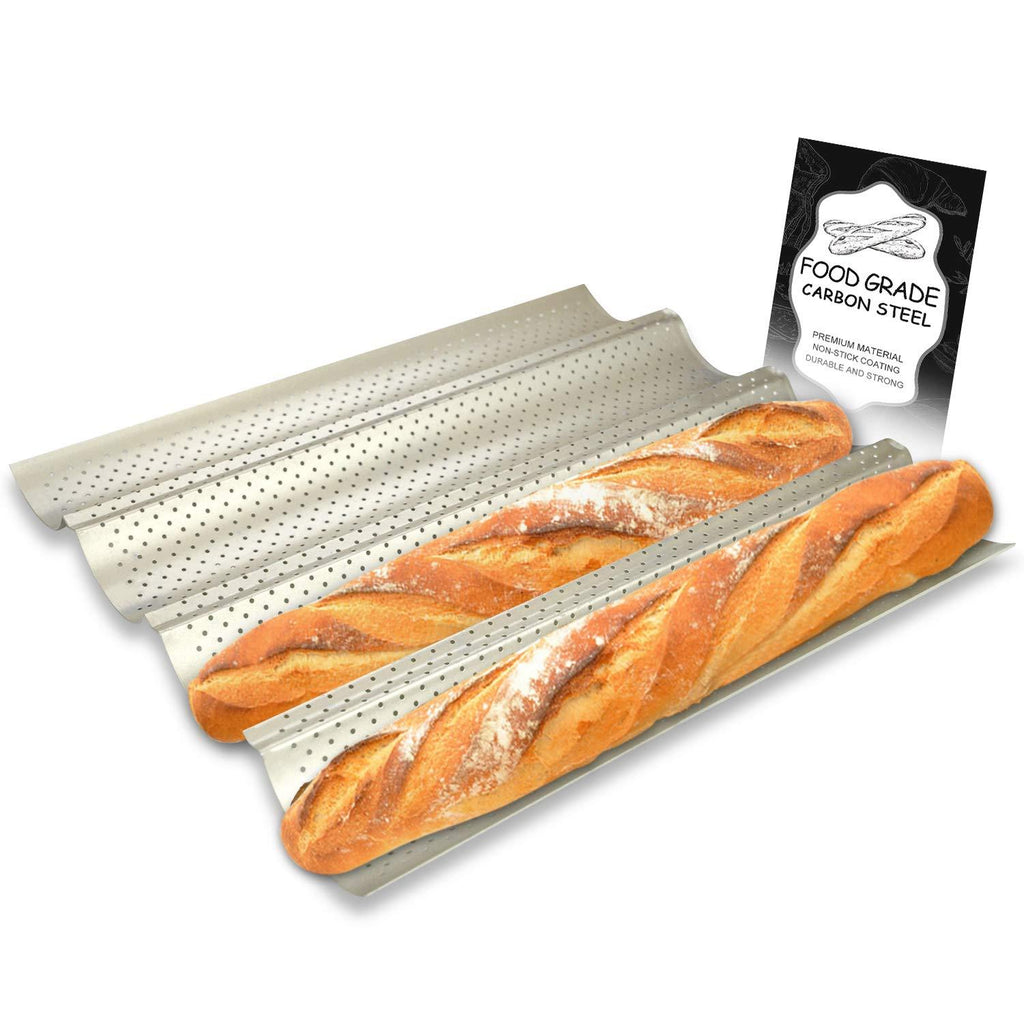  [AUSTRALIA] - Walfos Non-stick Perforated Baguette Bread Pan，15"X 13" French Bread Baking Pan , 4 Wave Loaves Loaf Bake Mold Toast Perforated Bakers Molding 15"X 13"Perforated Baguette Bread Pan