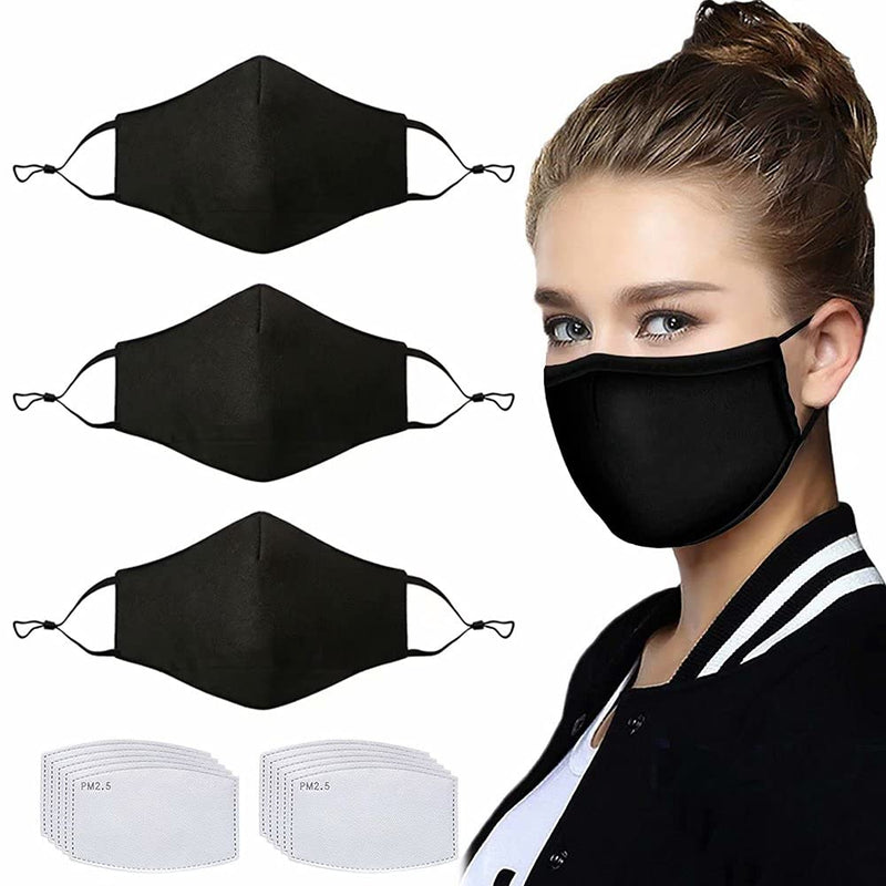 3 Pcs Adult Unisex Reusable Washable Adjustable Face Protection with Filter Pocket and Nose Wire Black Breathable Cotton Dust Cloth with 10Pcs Replacement Carbon Filters for Man and Women 3+10Pcs - LeoForward Australia