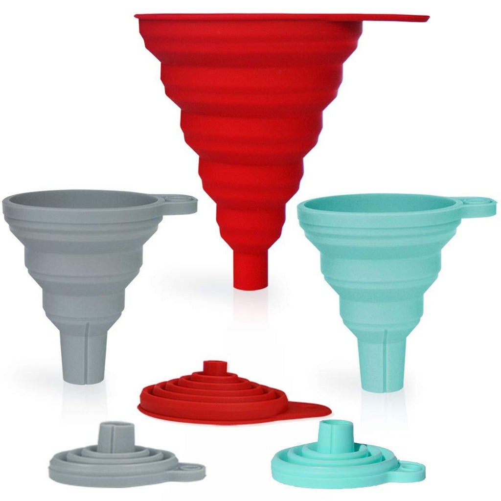  [AUSTRALIA] - Stolphi Silicone Collapsible Funnel Set of 3 for Filling Bottles, Liquids or Dry Goods, Kitchen Gadgets, Food Grade, Premium Quality, Durable, Aqua, Gray and Red