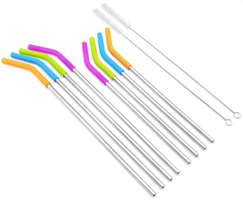  [AUSTRALIA] - GFDesign 10" & 12" Extra Long Reusable Drinking Metal Straws 6mm Wide Food-Grade Stainless Steel & Silicone Elbows Tips for Smoothie Milkshake Cocktail Juice Hot Drinks - Set of 8 + 2 Cleaning Brushes